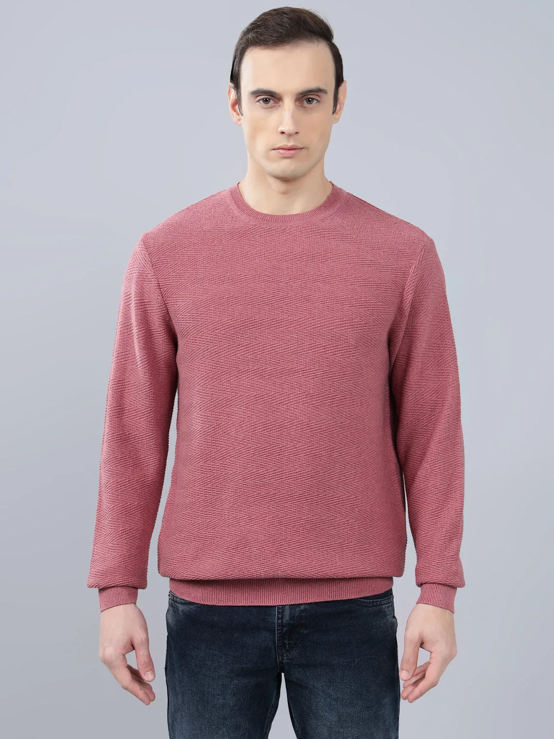 Men's Pink Self Design Full Sleeve Sweater