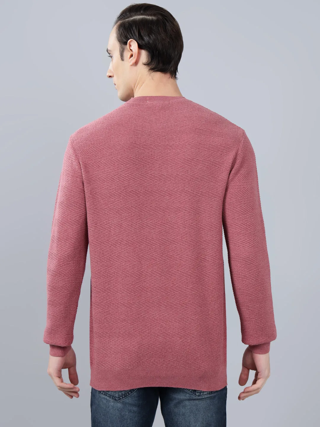 Men's Pink Self Design Full Sleeve Sweater