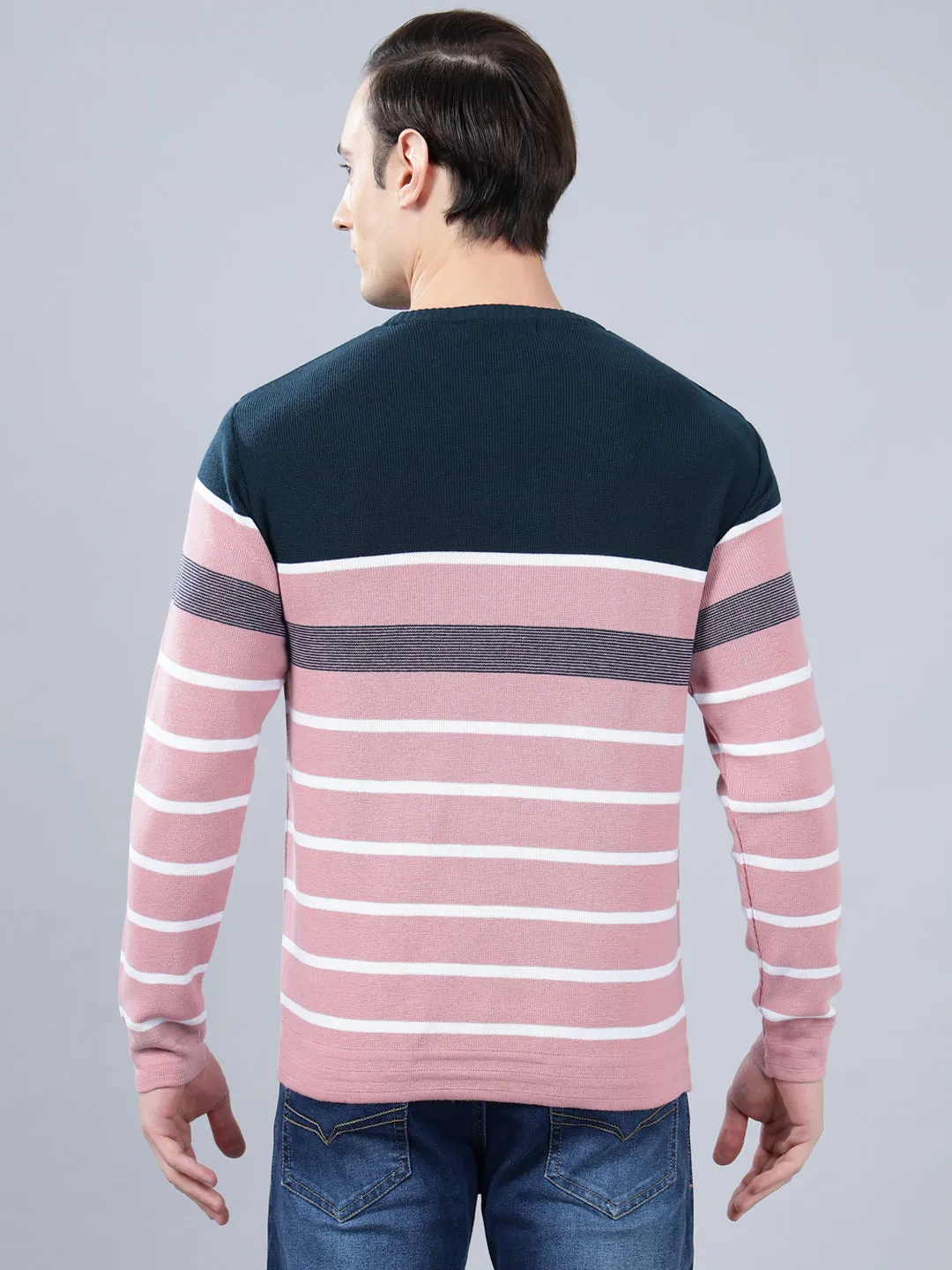 Men's Pink Striped Full Sleeve Sweater