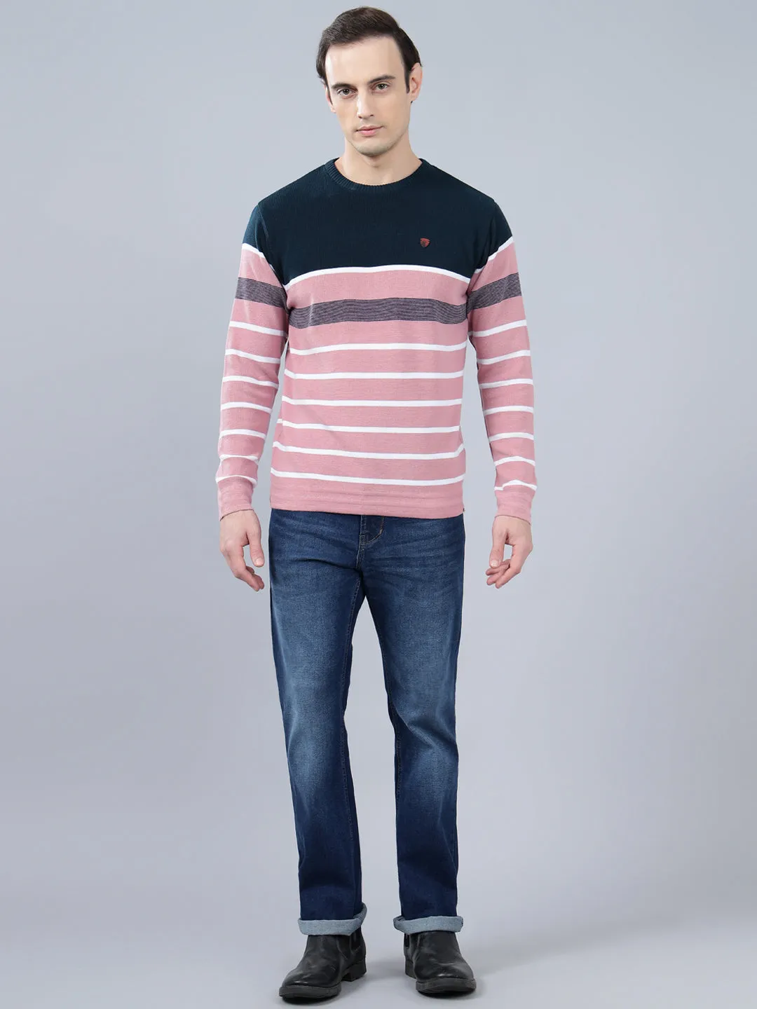 Men's Pink Striped Full Sleeve Sweater