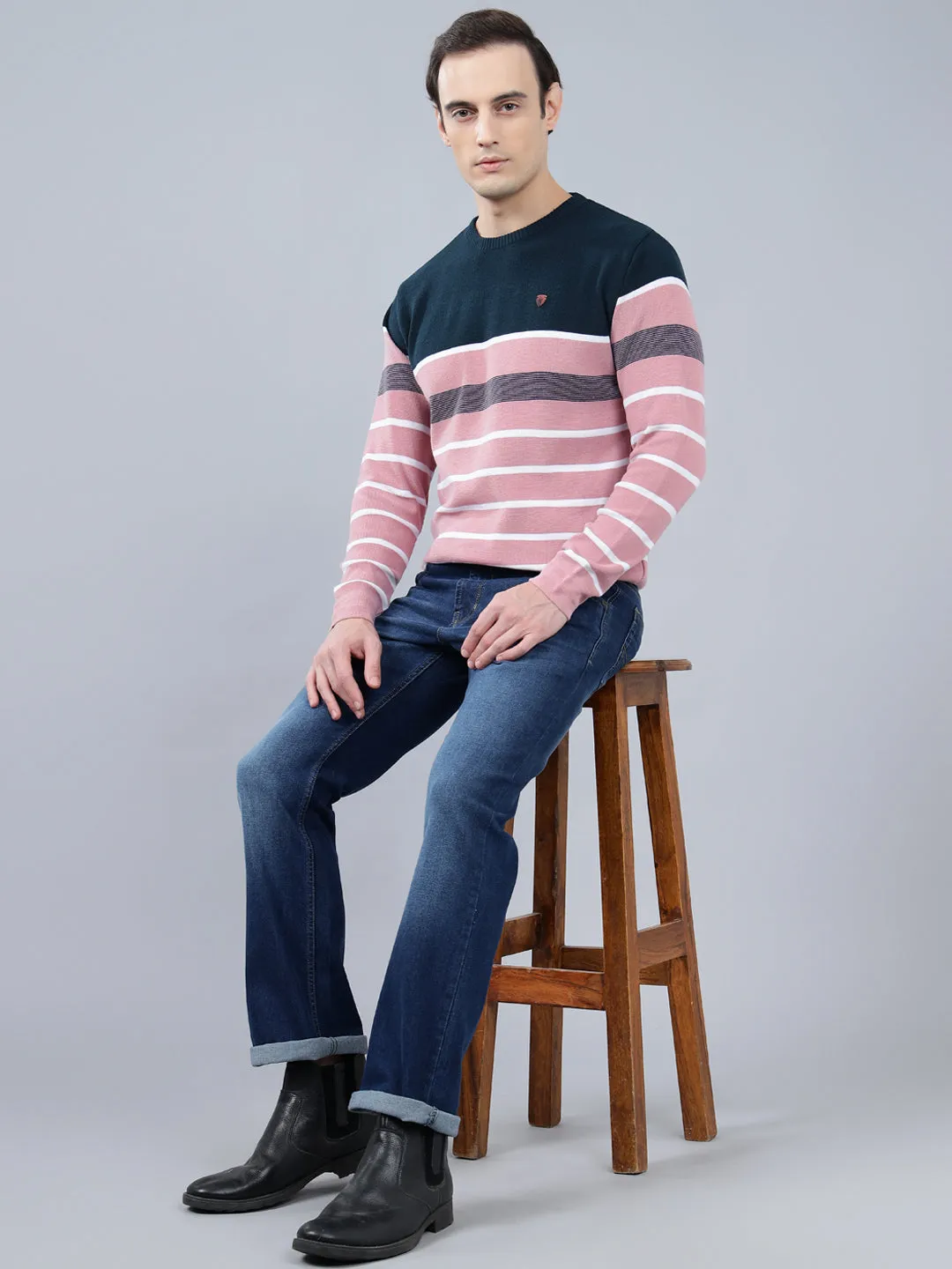 Men's Pink Striped Full Sleeve Sweater