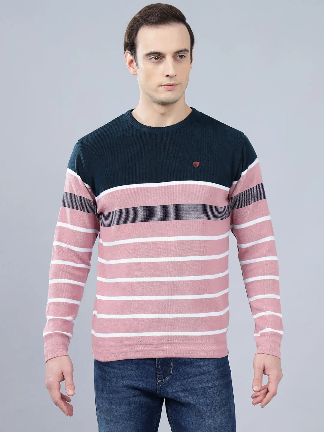 Men's Pink Striped Full Sleeve Sweater