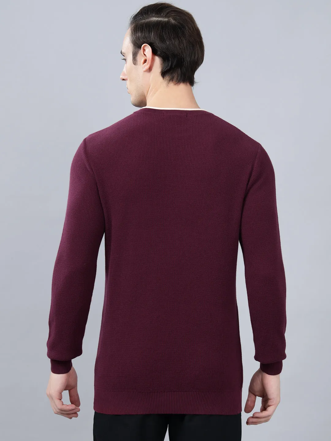 Men's Purple Self Design Full Sleeve Sweater