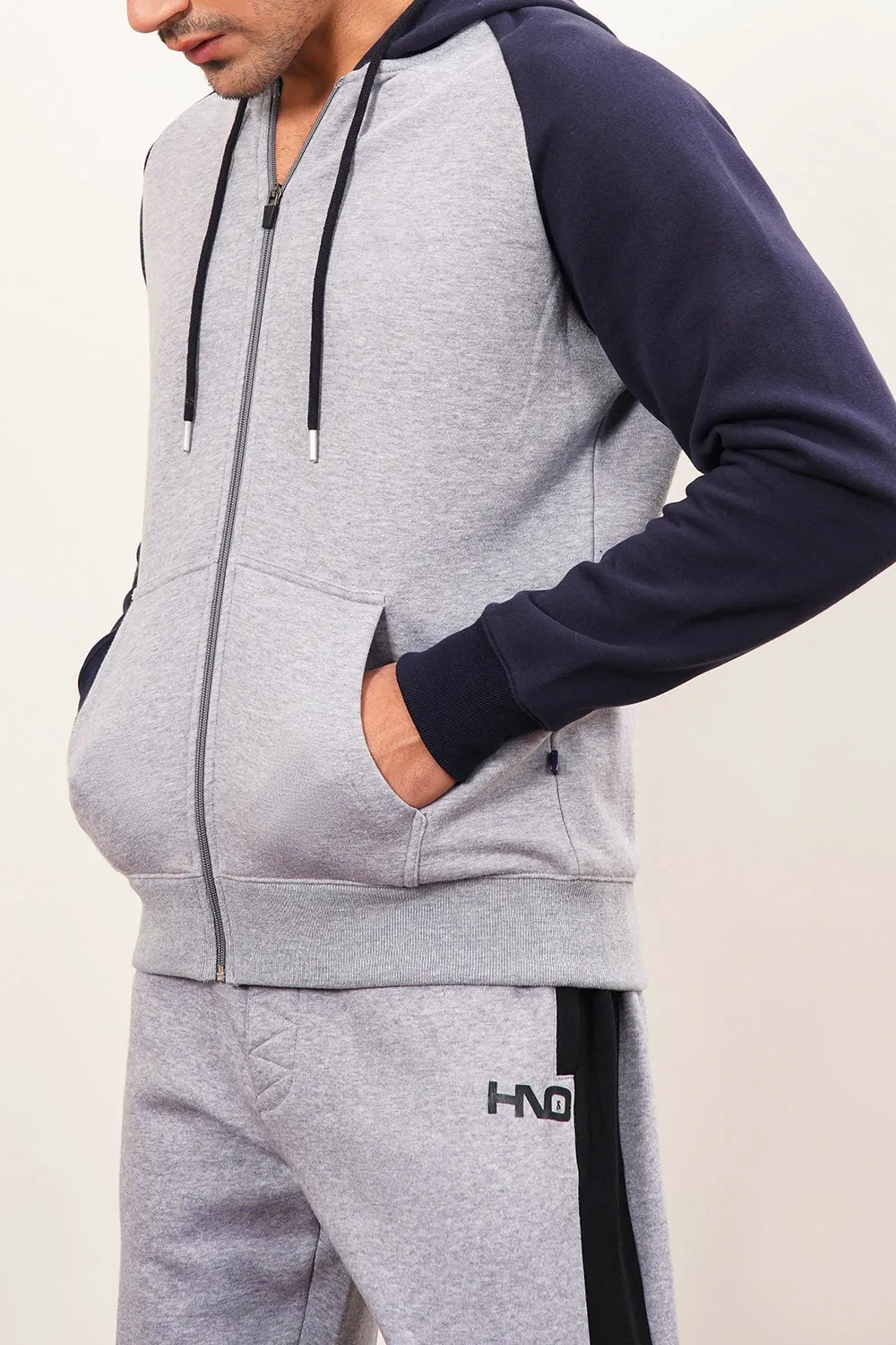 Men'S Raglan Grey & Navy Zipper Hoodie