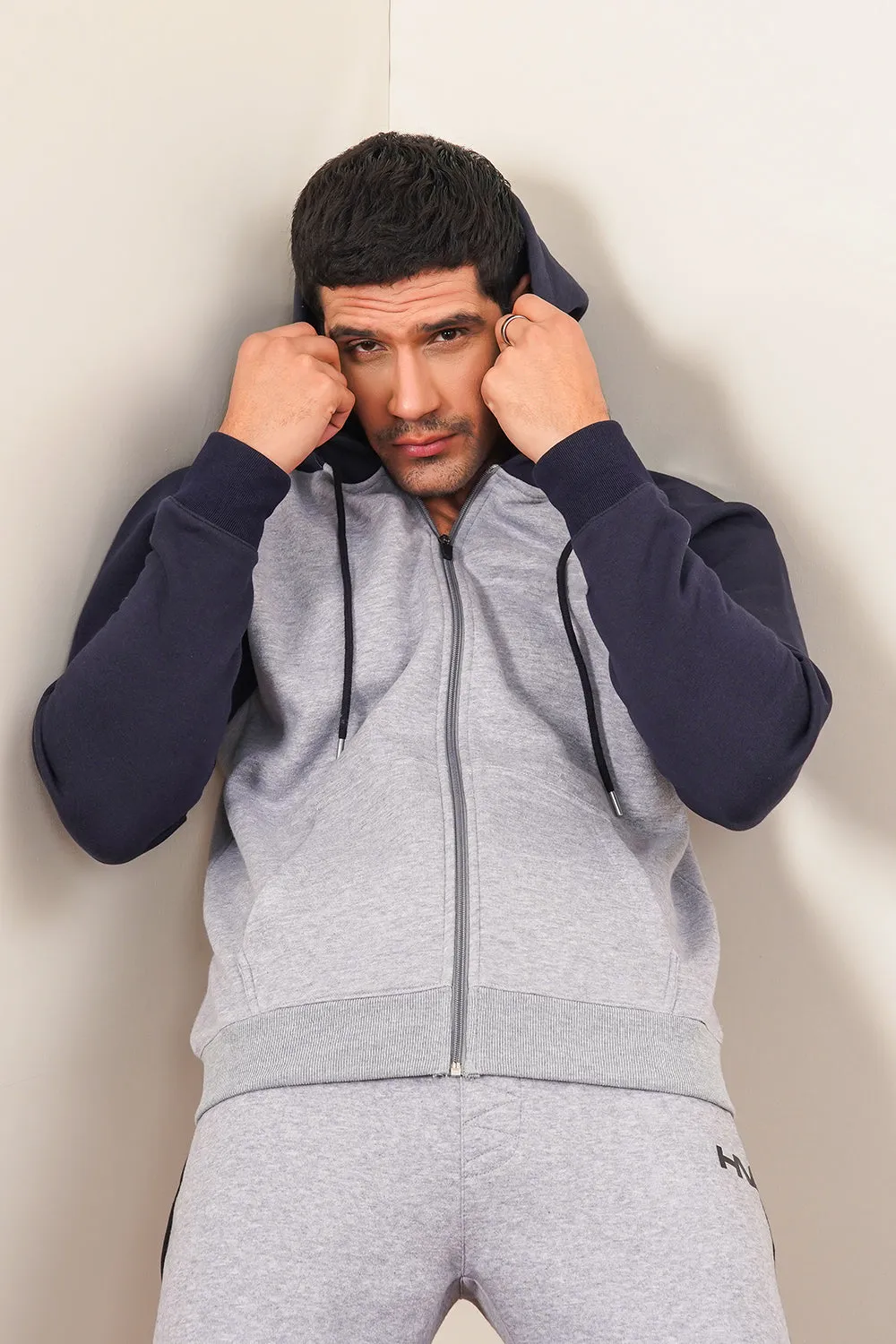 Men'S Raglan Grey & Navy Zipper Hoodie