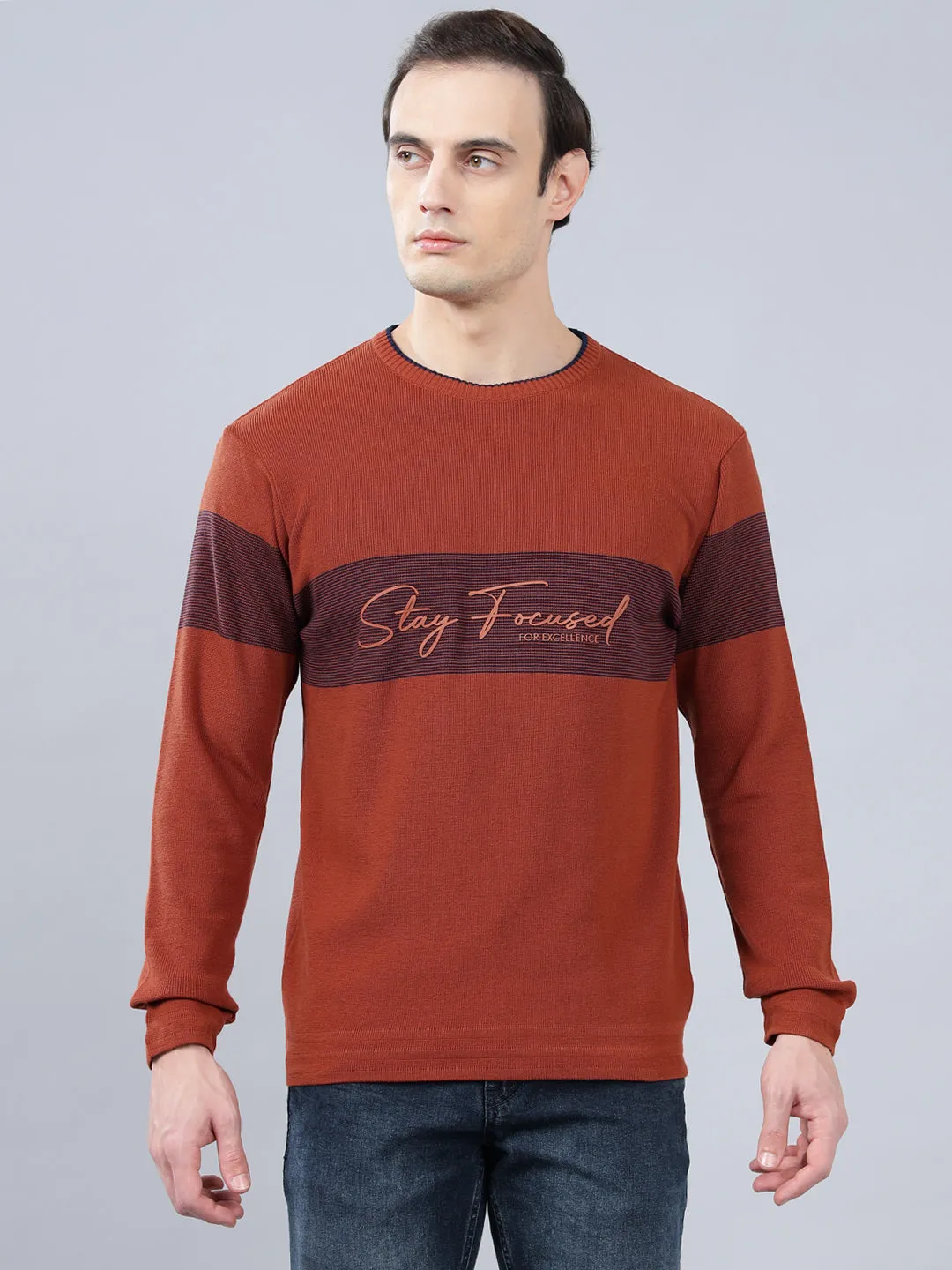 Men's Rust Striped Full Sleeve Sweater