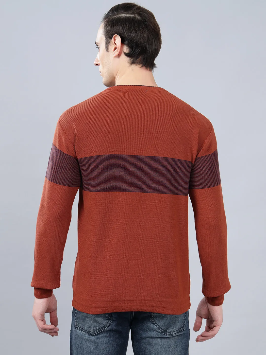 Men's Rust Striped Full Sleeve Sweater