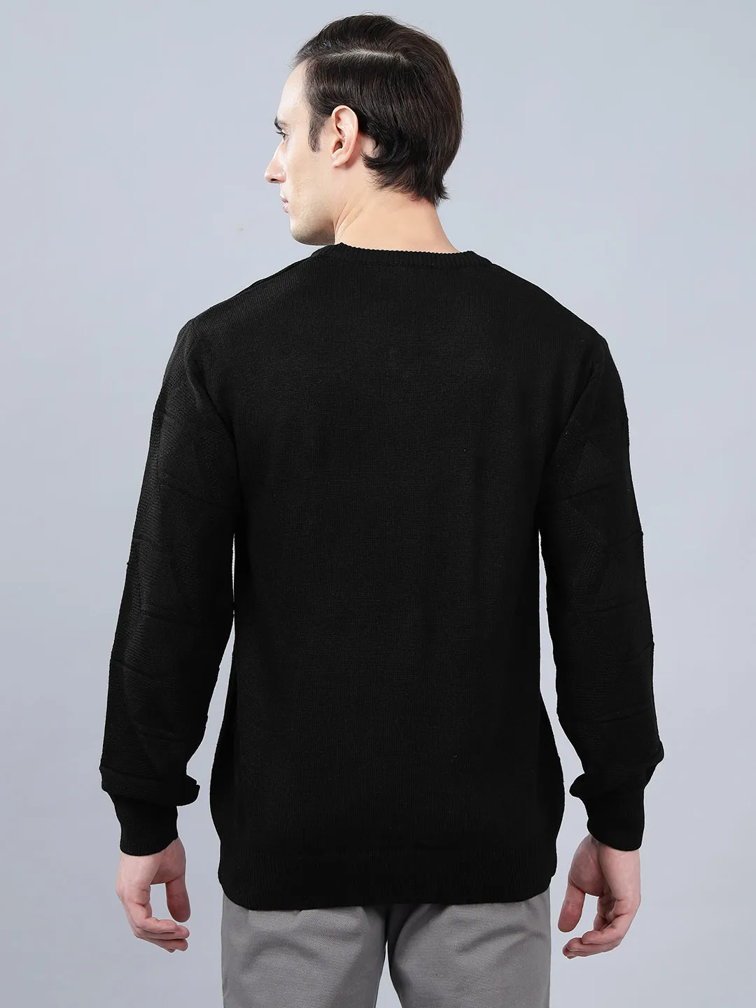 Men's Self Design Black Full Sleeve Sweater