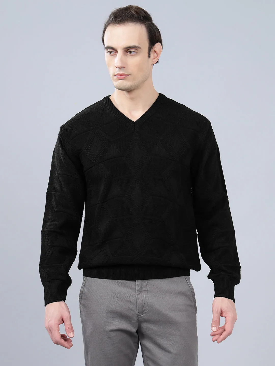 Men's Self Design Black Full Sleeve Sweater