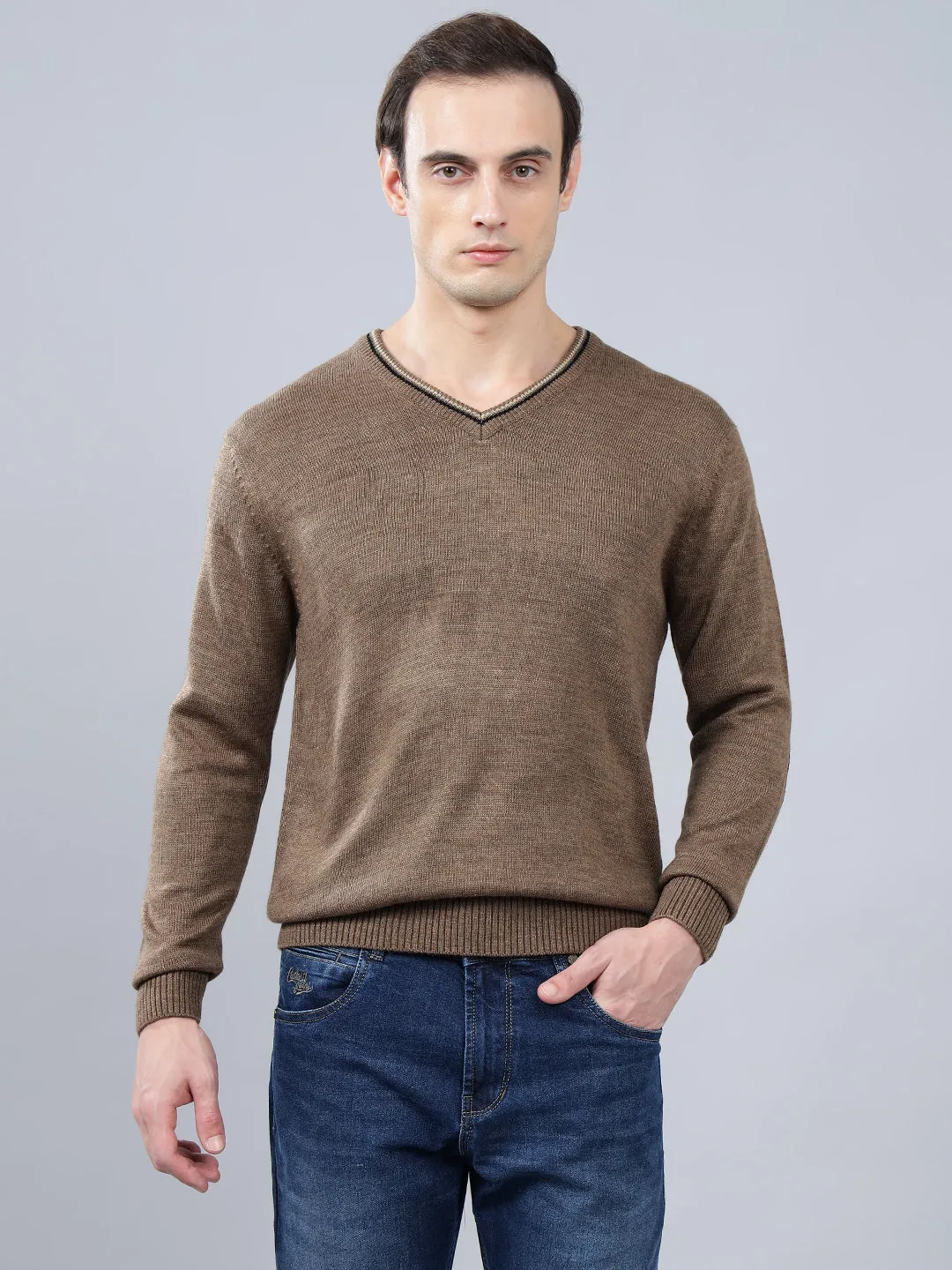 Men's Self Design Brown Full Sleeve Sweater