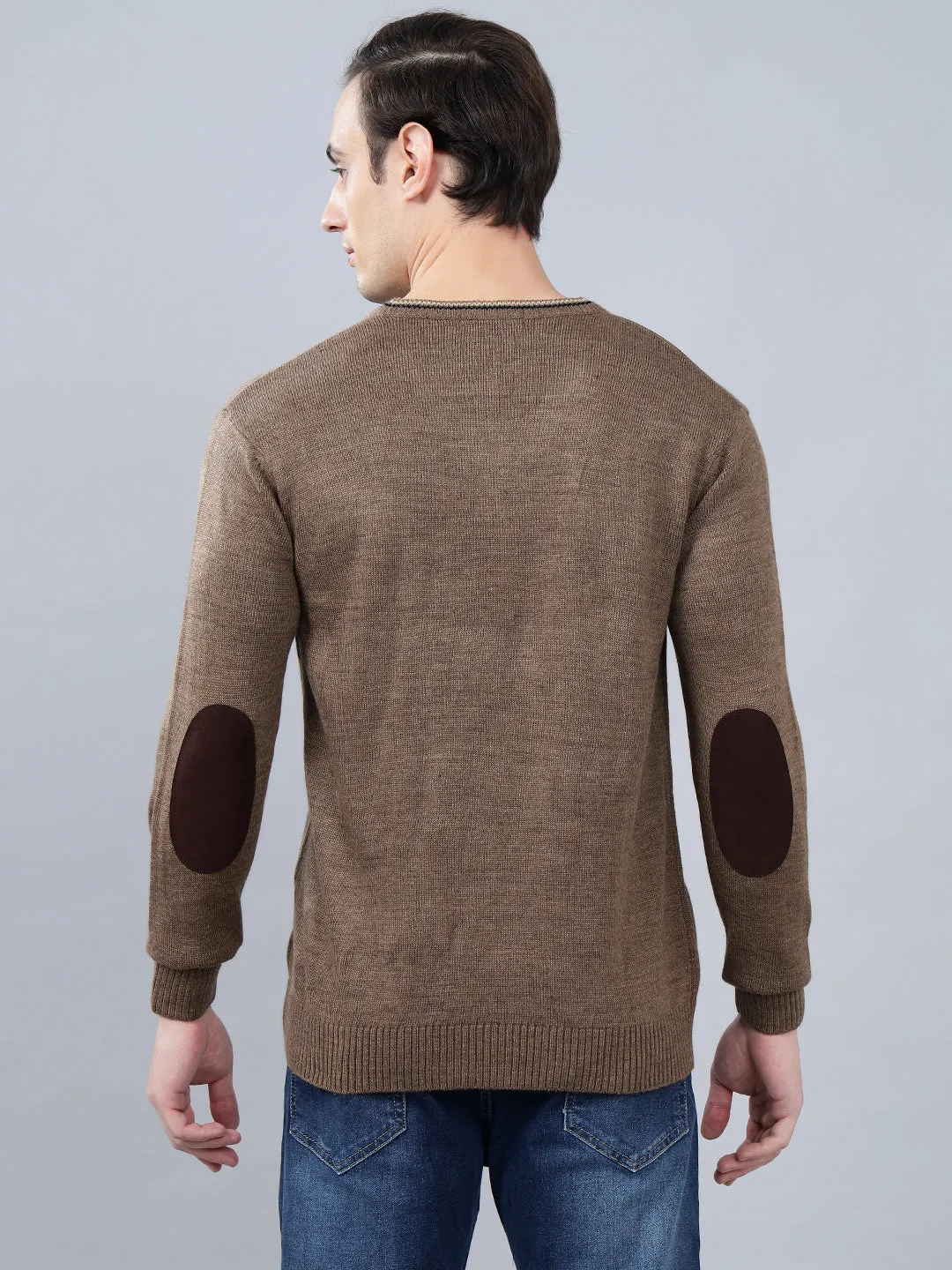 Men's Self Design Brown Full Sleeve Sweater