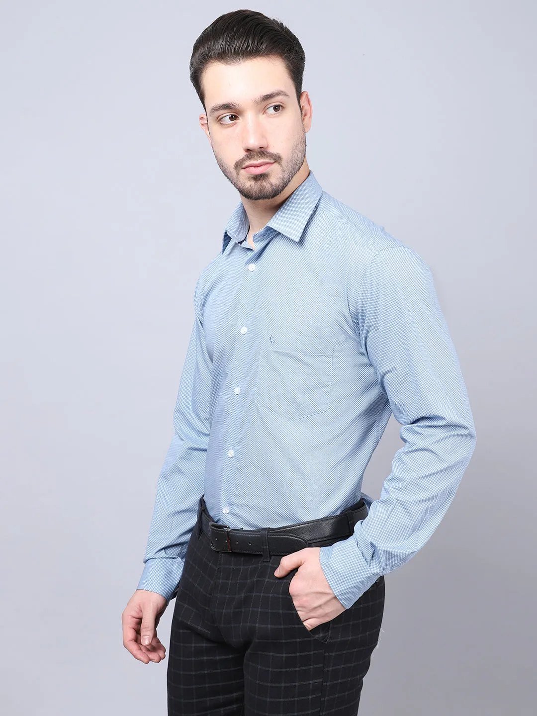 Men's Sky Blue Formal Dot Print Full Sleeve Shirt