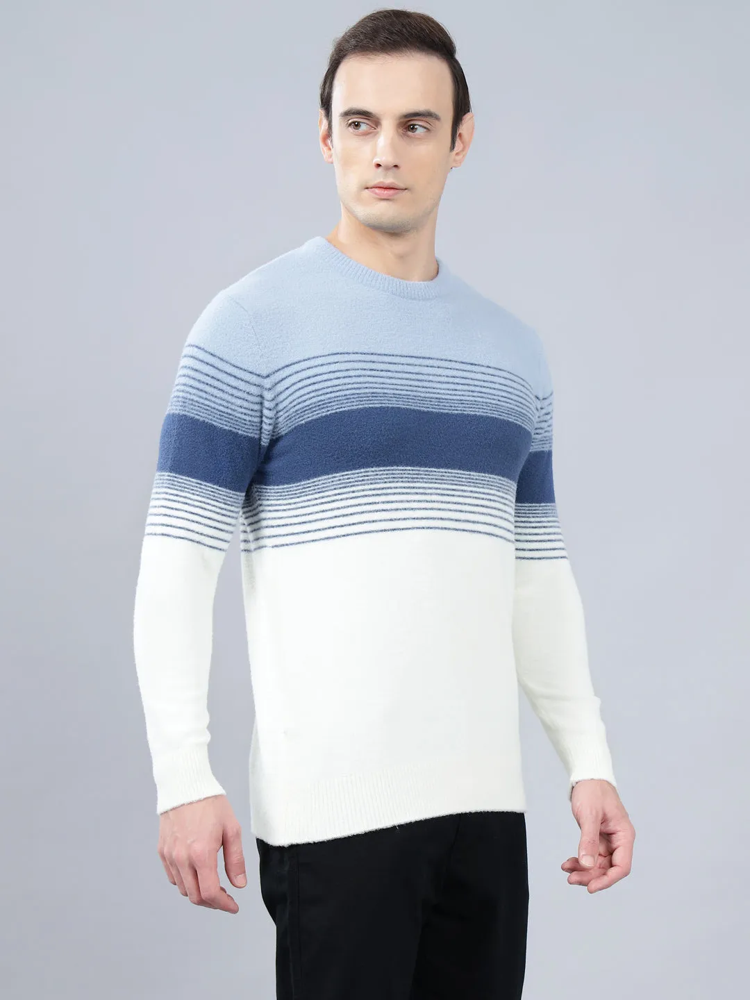 Men's Sky Blue Striped Full Sleeve Sweater