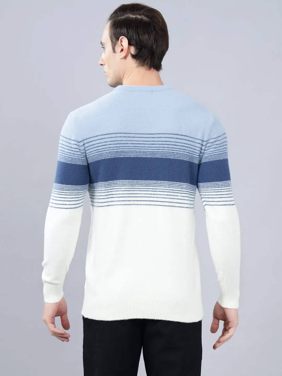 Men's Sky Blue Striped Full Sleeve Sweater