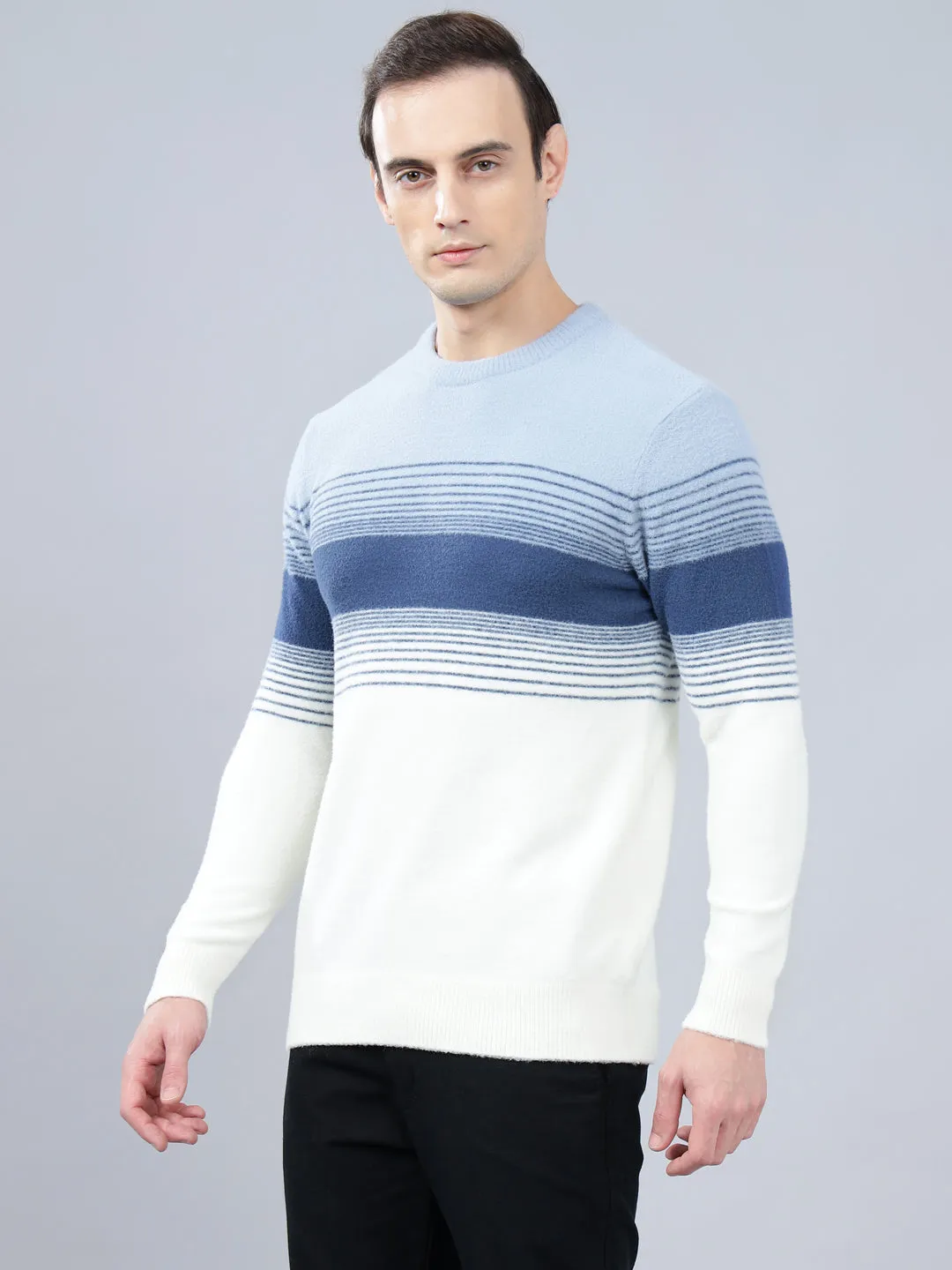 Men's Sky Blue Striped Full Sleeve Sweater