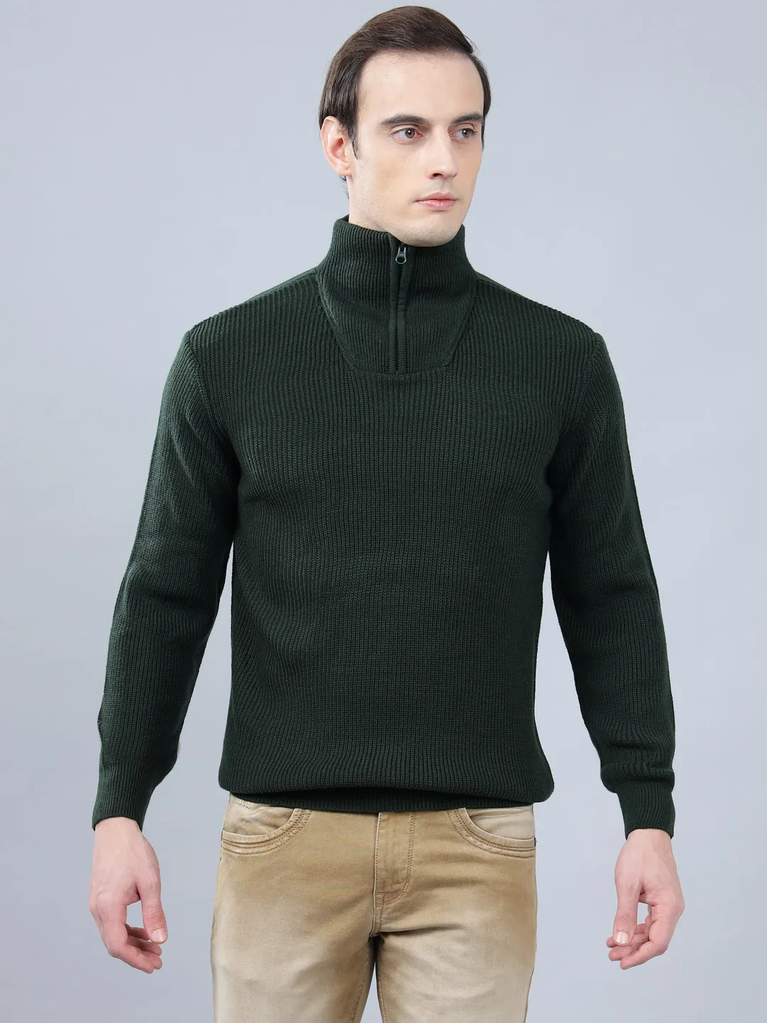 Men's Solid Dark Green Full Sleeve Sweater