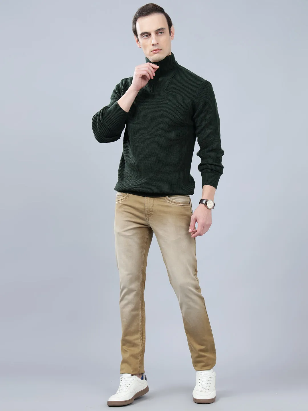 Men's Solid Dark Green Full Sleeve Sweater