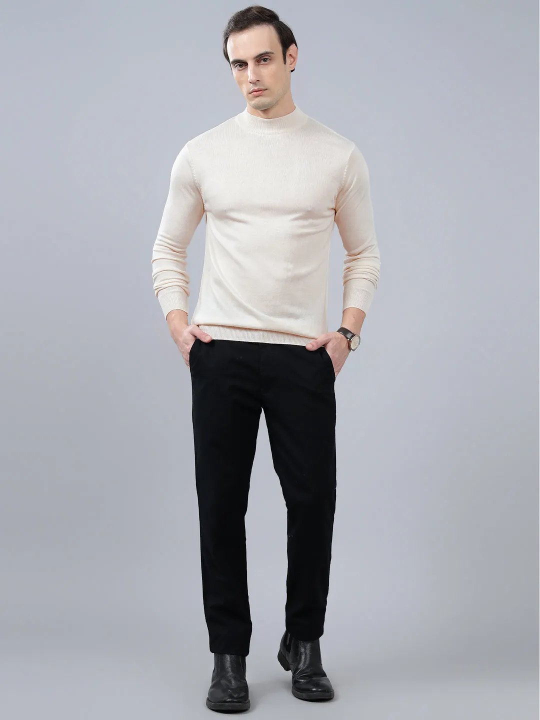 Men's Solid White Full Sleeve Sweater