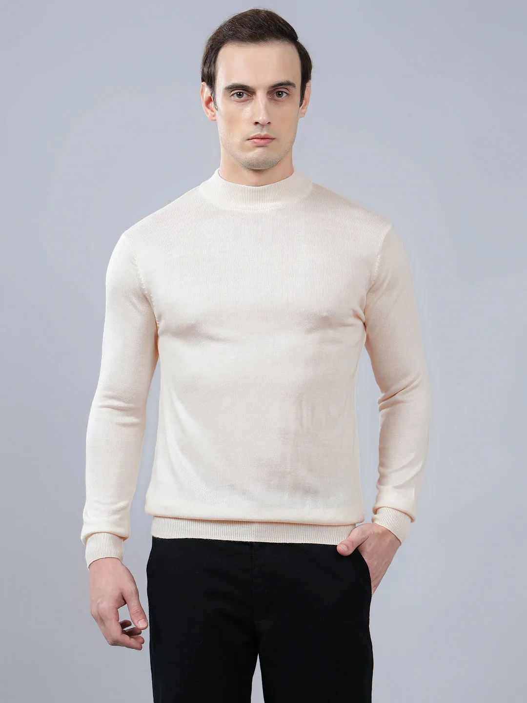 Men's Solid White Full Sleeve Sweater