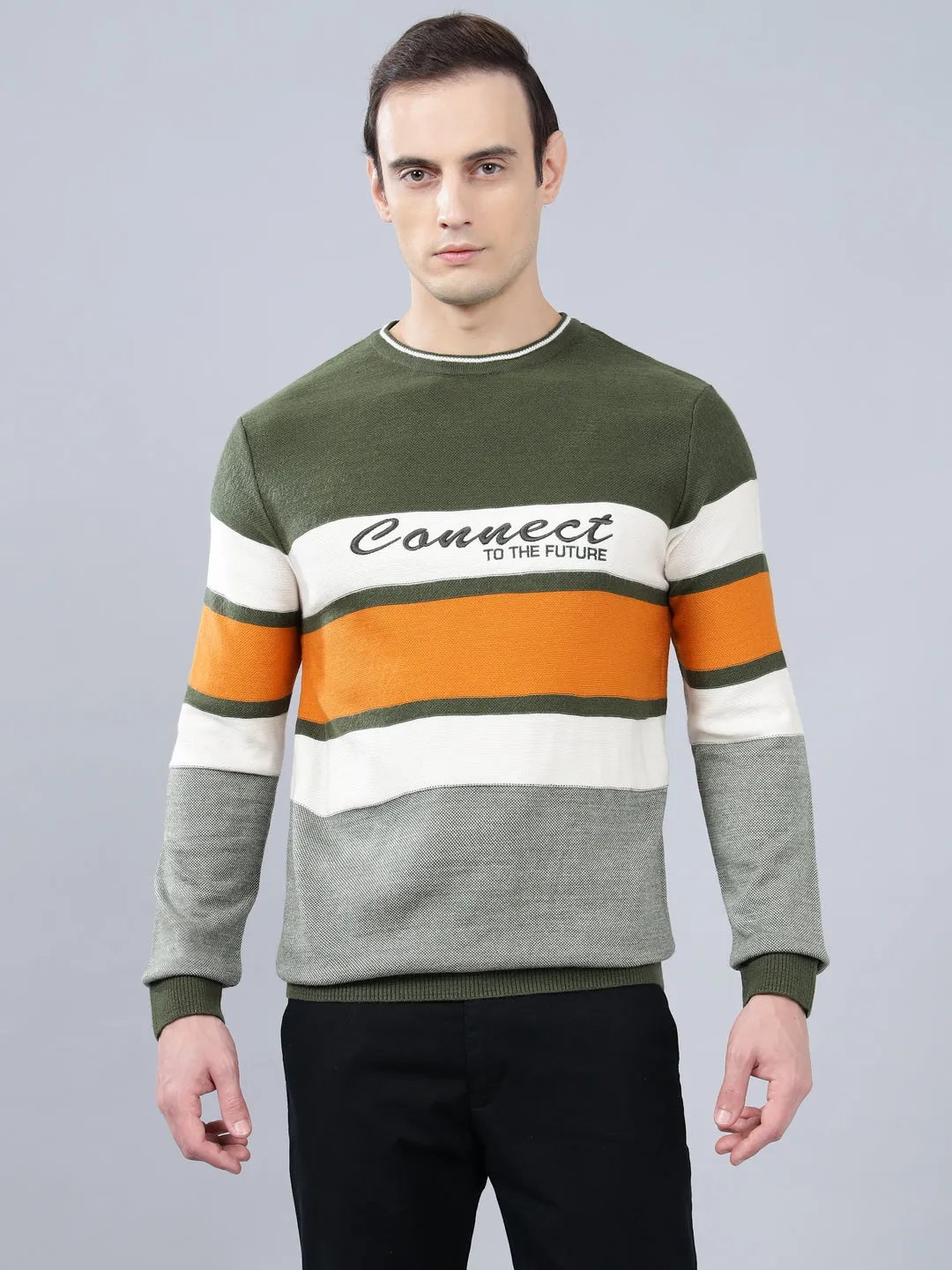 Men's Striped Green Full Sleeve Sweater