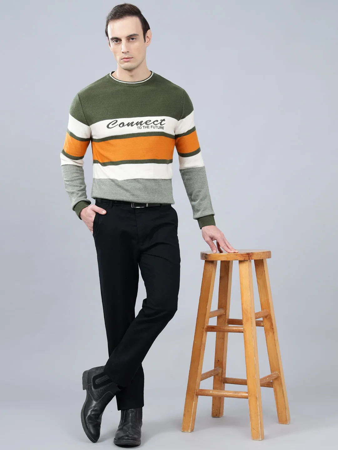 Men's Striped Green Full Sleeve Sweater