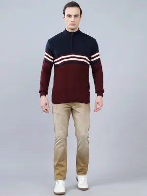 Men's Striped Maroon Full Sleeve Sweater