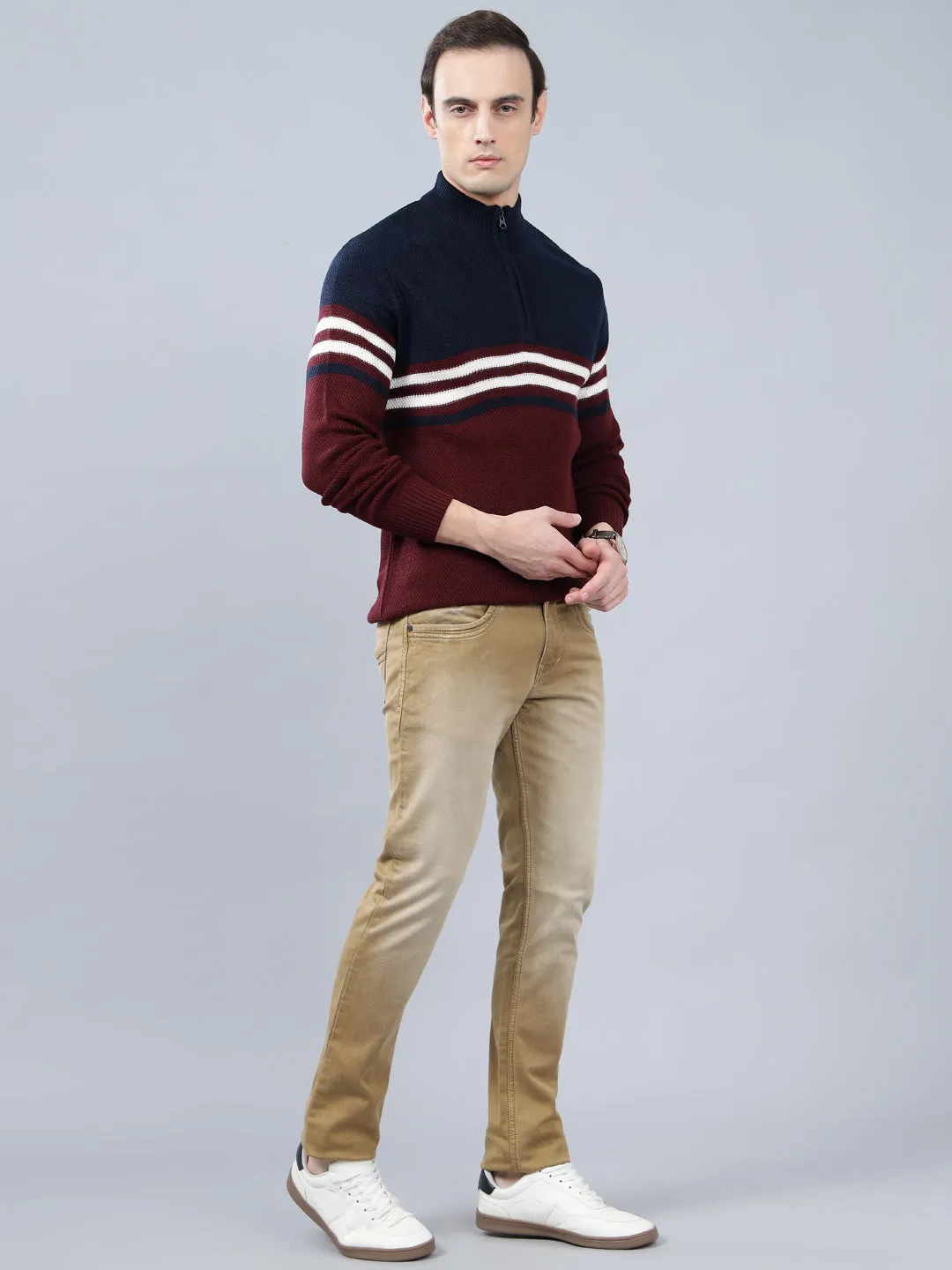 Men's Striped Maroon Full Sleeve Sweater