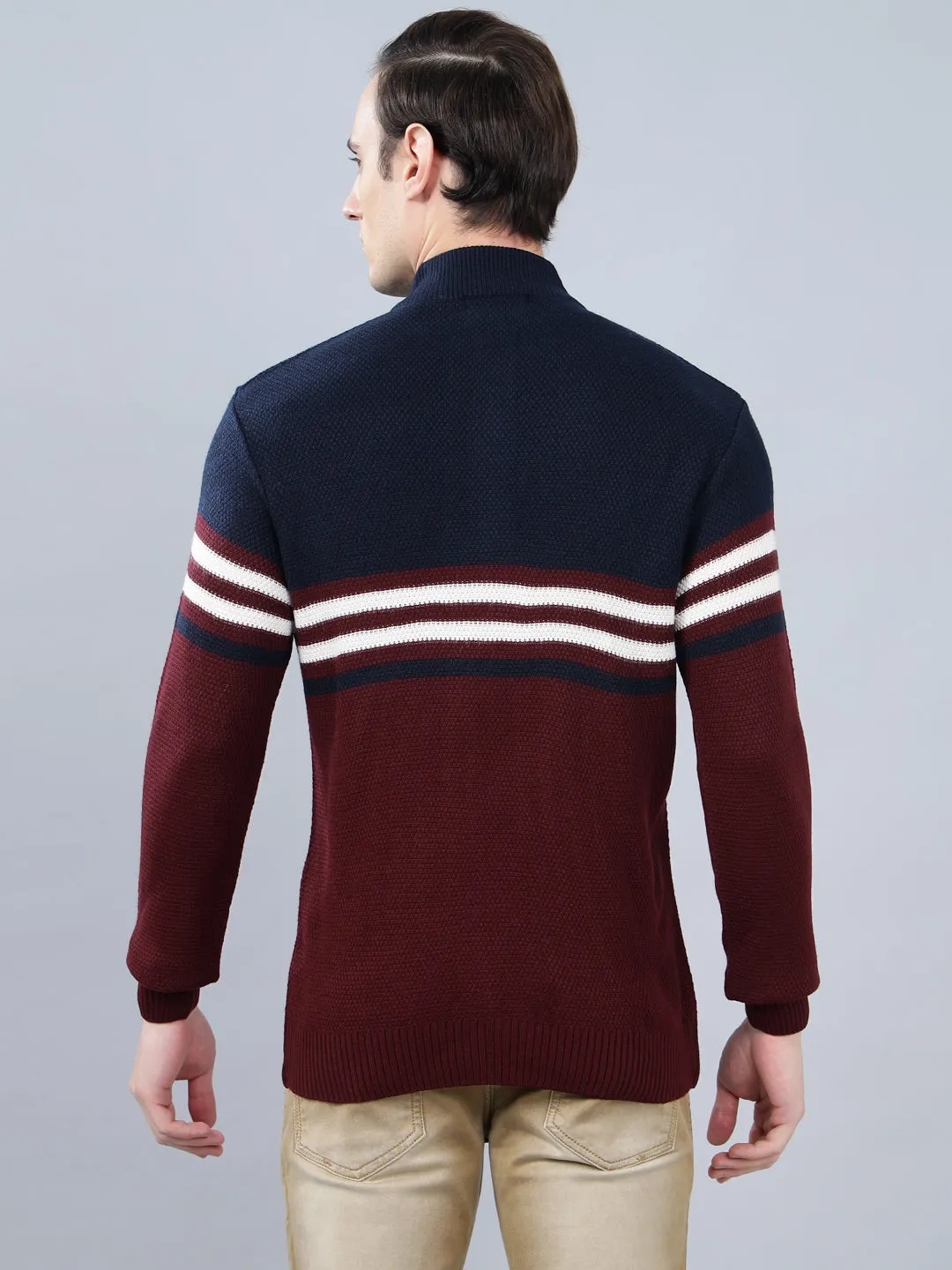 Men's Striped Maroon Full Sleeve Sweater