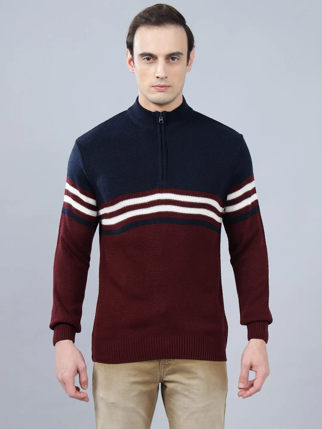 Men's Striped Maroon Full Sleeve Sweater