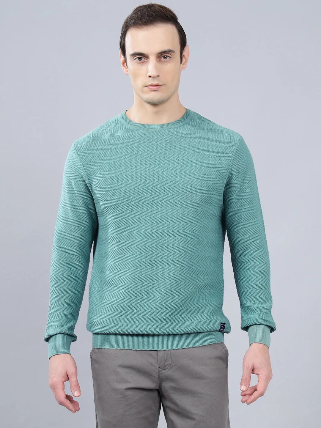 Men's Teal Self Design Full Sleeve Sweater