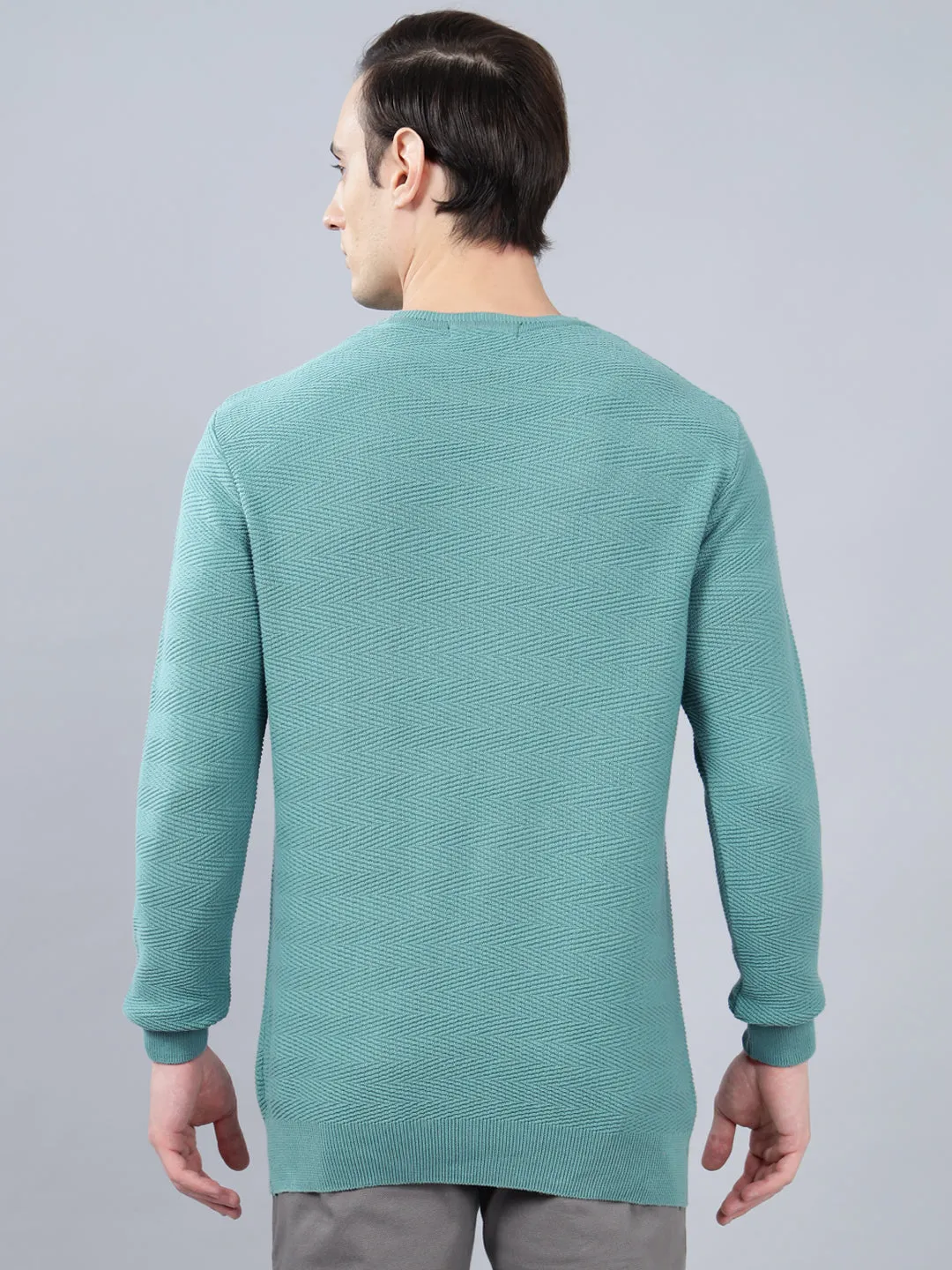 Men's Teal Self Design Full Sleeve Sweater