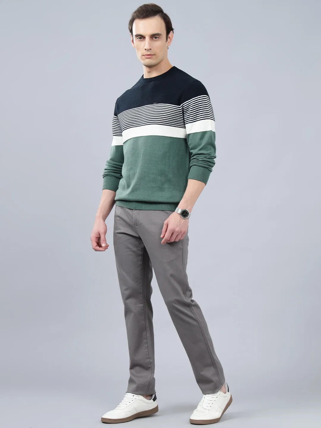 Men's Teal Striped Full Sleeve Sweater