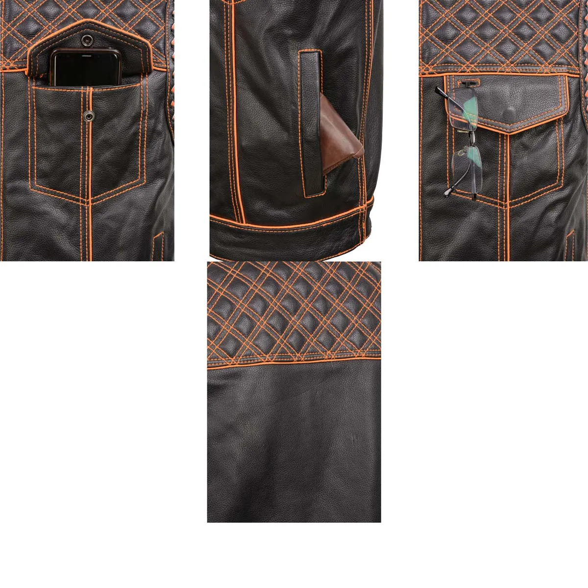 Milwaukee Leather MLM3527 Men's Black 'Paisley' Accented w/ Orange Stitching Leather Vest – / Armhole Trim