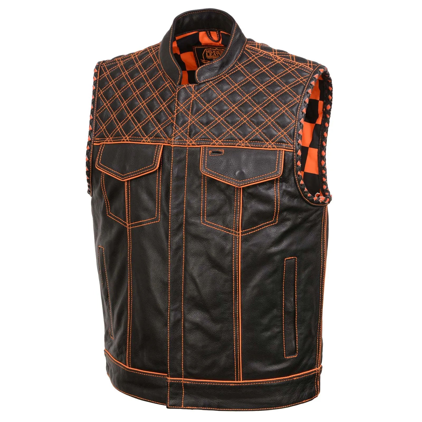 Milwaukee Leather MLM3527 Men's Black 'Paisley' Accented w/ Orange Stitching Leather Vest – / Armhole Trim