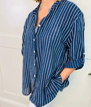 Navy Cotton Striped Grandad Collar Shirt