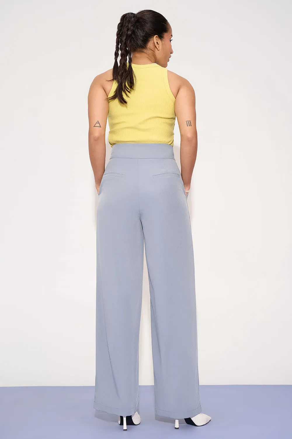 Opal Blue Pleated Double Button Korean Pants