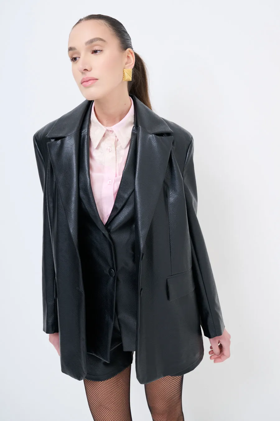 Oversized faux leather blazer with structured design wholesale