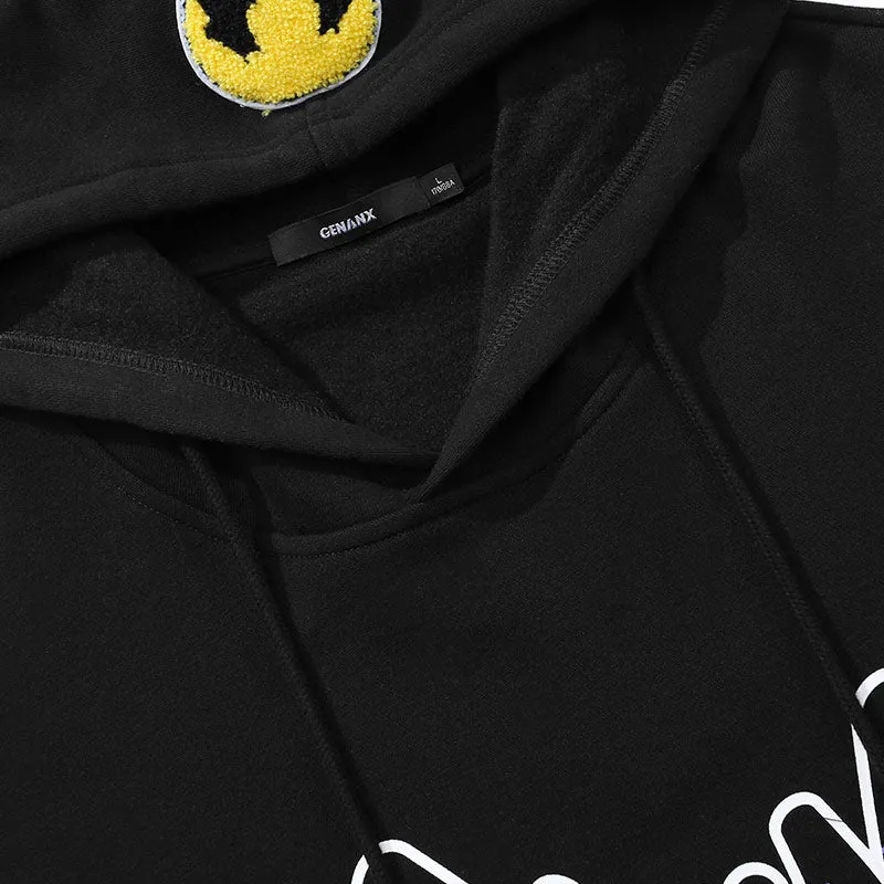 Plain Logo Print Jacquard Kangaroo Pocket Hoodies