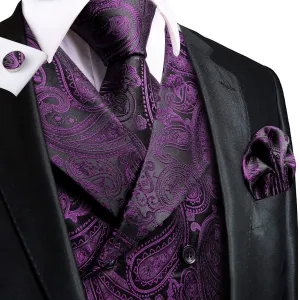 Purple and Black Paisley Jacquard Vest Set