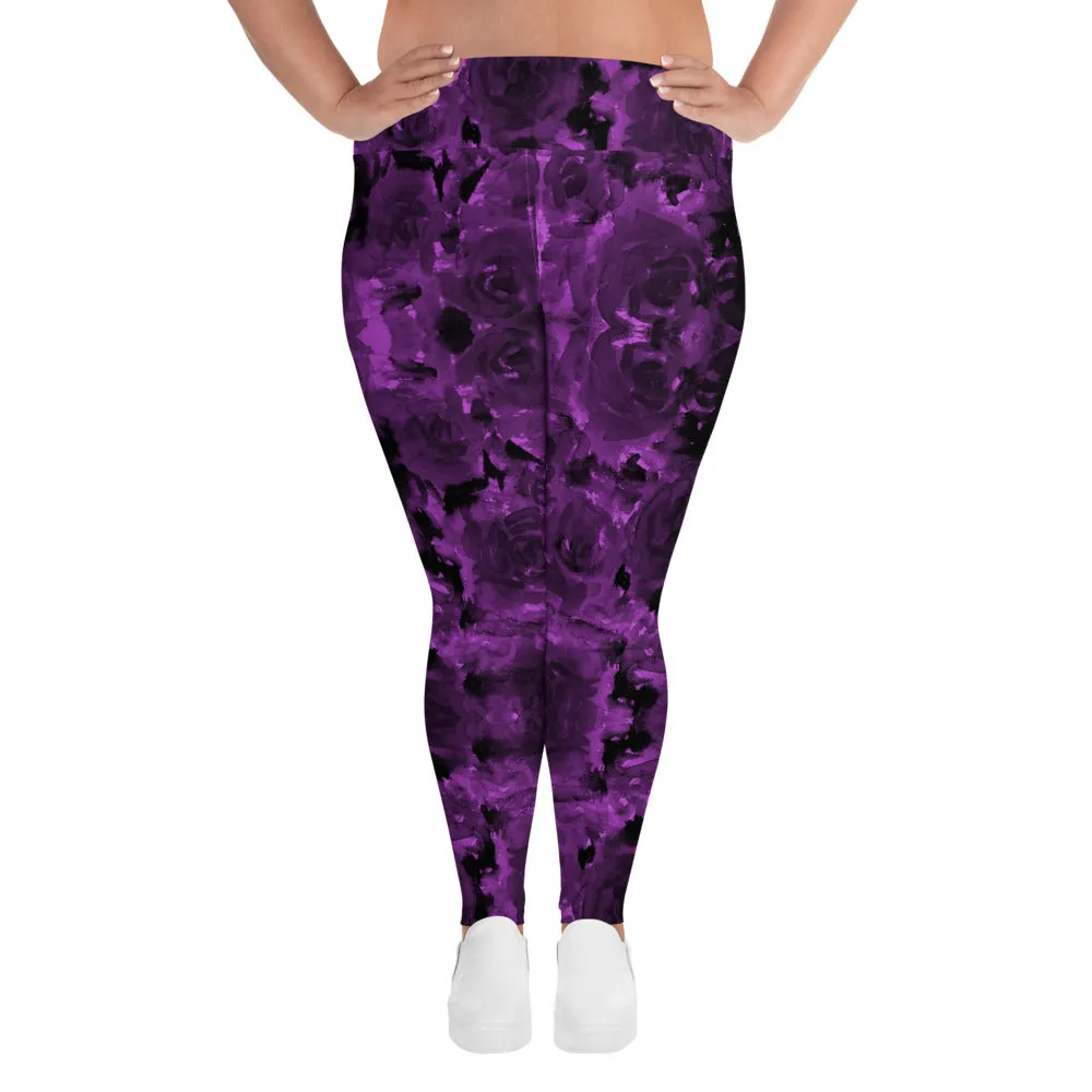 Purple Floral Plus Size Leggings, Abstract Women's Long Gym Yoga Pants-Made in USA/EU