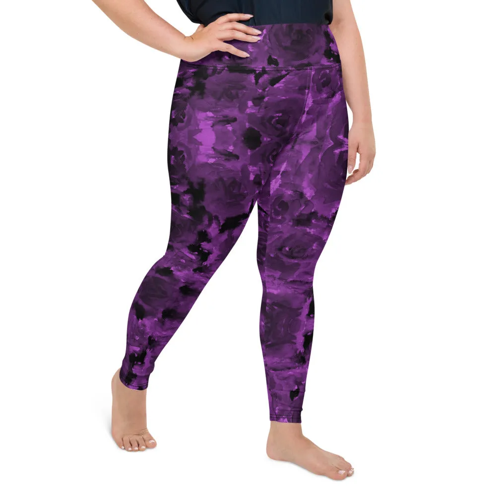 Purple Floral Plus Size Leggings, Abstract Women's Long Gym Yoga Pants-Made in USA/EU