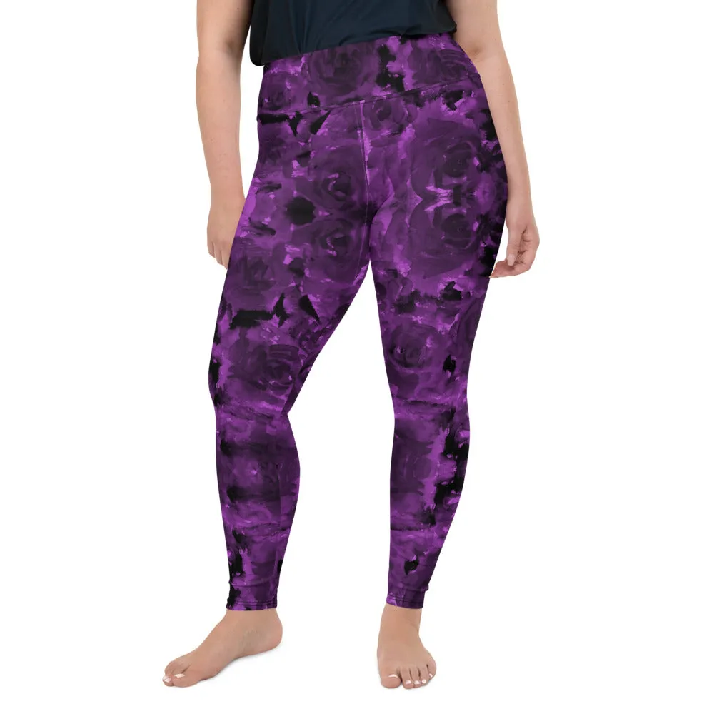 Purple Floral Plus Size Leggings, Abstract Women's Long Gym Yoga Pants-Made in USA/EU