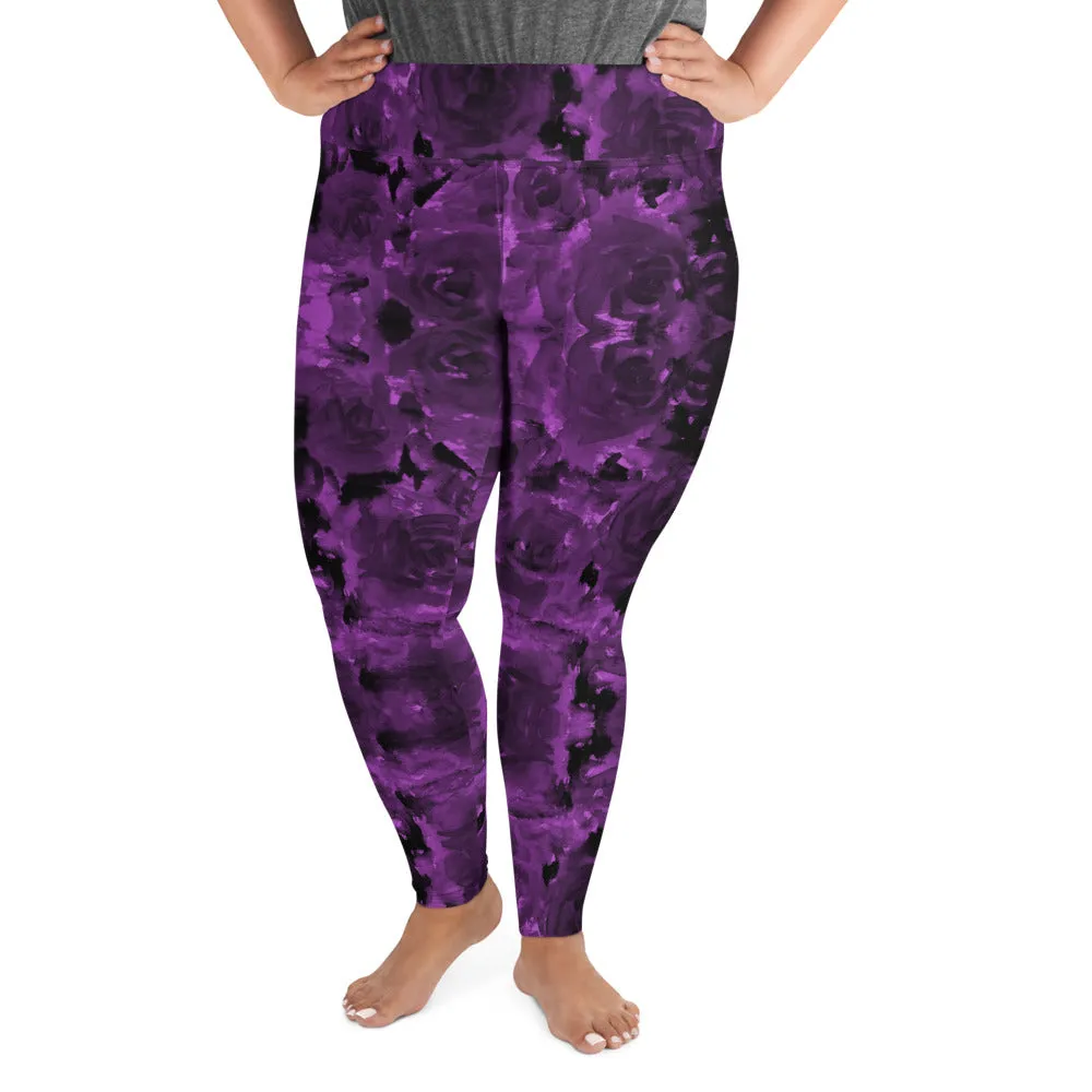 Purple Floral Plus Size Leggings, Abstract Women's Long Gym Yoga Pants-Made in USA/EU