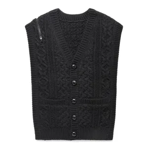 REVERSED DOUBLE ZIP ARAN PATTERN VEST