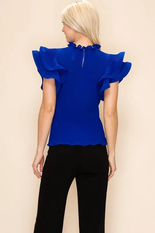 Royal Blue Semi-Sheer Frilled Pleated Top