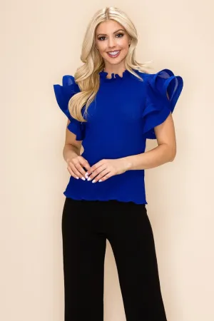 Royal Blue Semi-Sheer Frilled Pleated Top