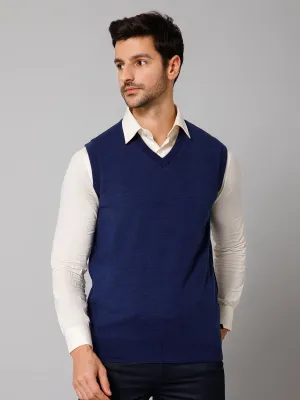 Solid Blue Sleeveless V Neck Reversible Regular Fit Casual Sweater for Men