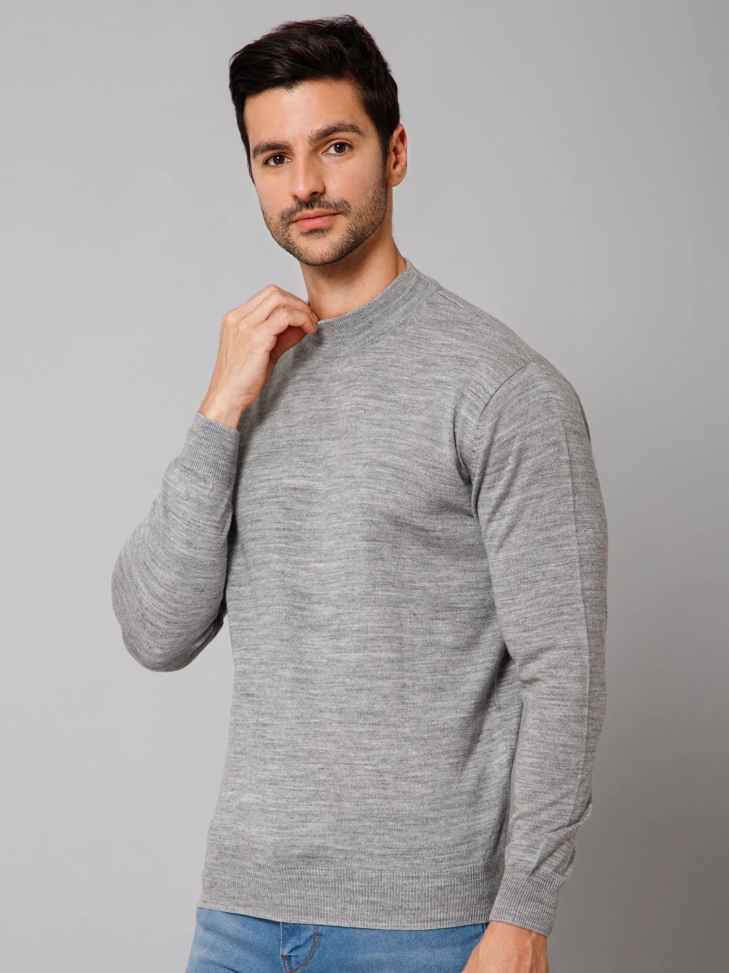 Solid Grey Full Sleeves Round Neck Regular Fit Casual Sweater for Men