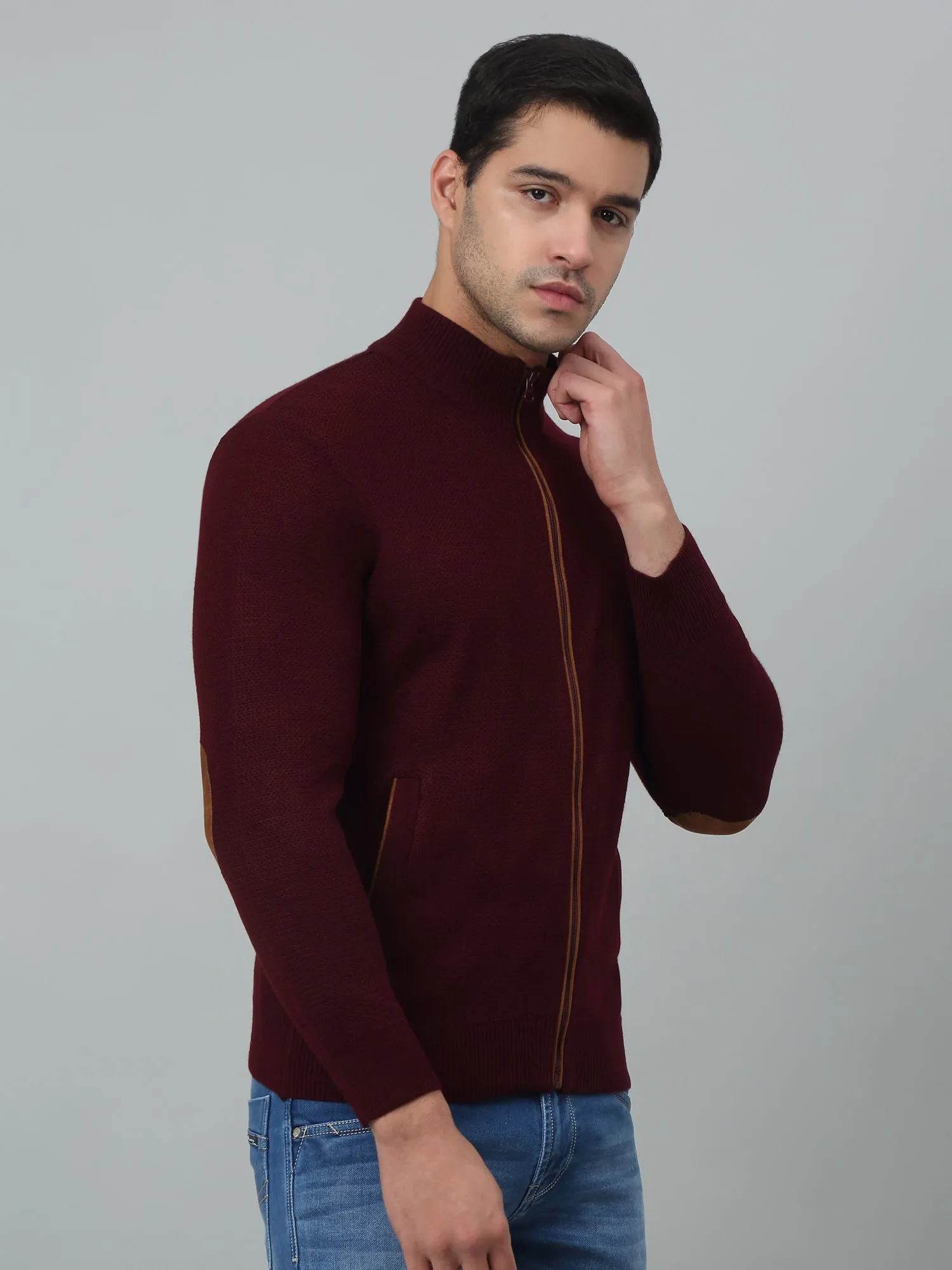 Solid Maroon Full Sleeves Band Collar Regular Fit Casual Sweater for Men