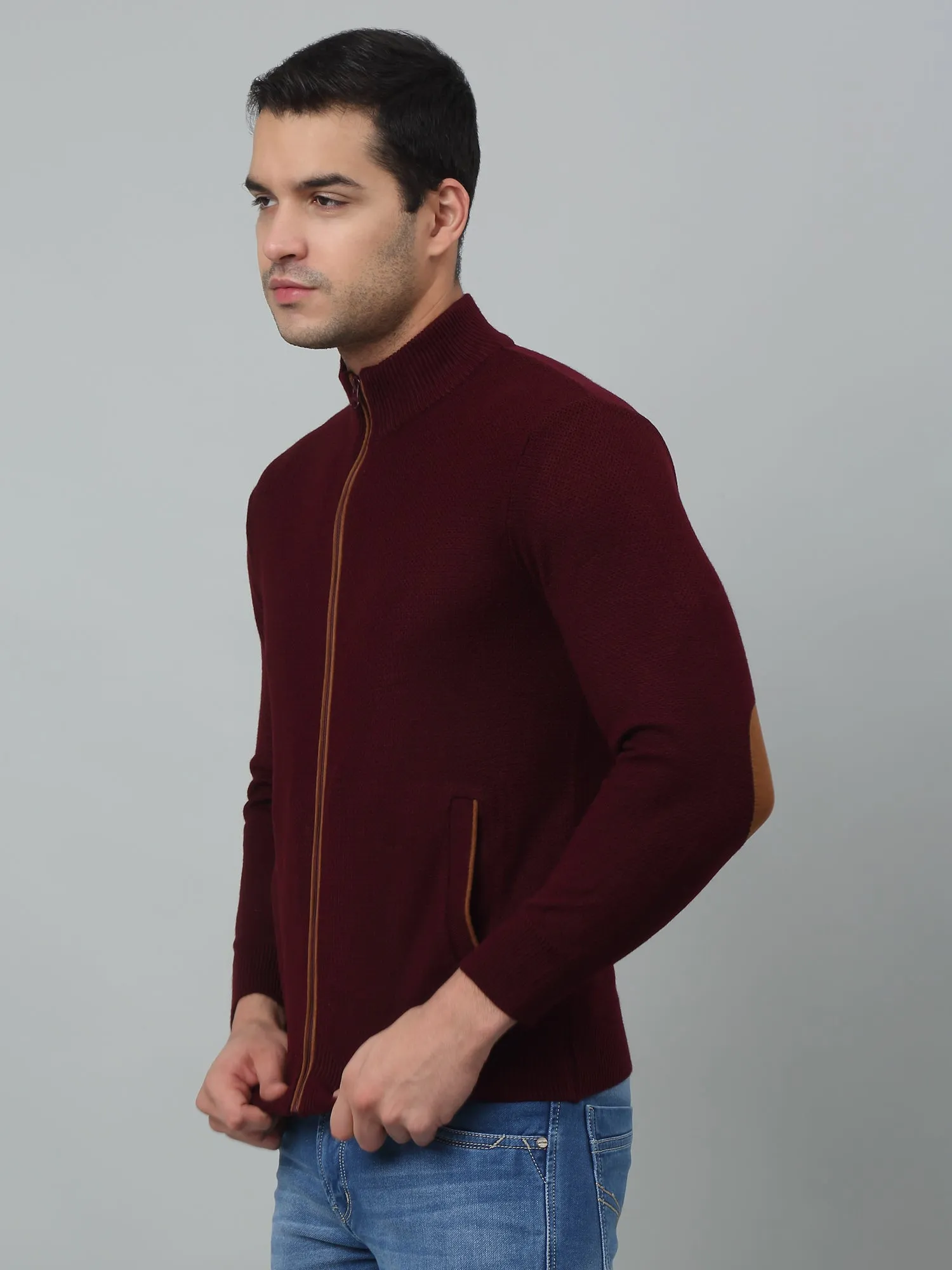 Solid Maroon Full Sleeves Band Collar Regular Fit Casual Sweater for Men